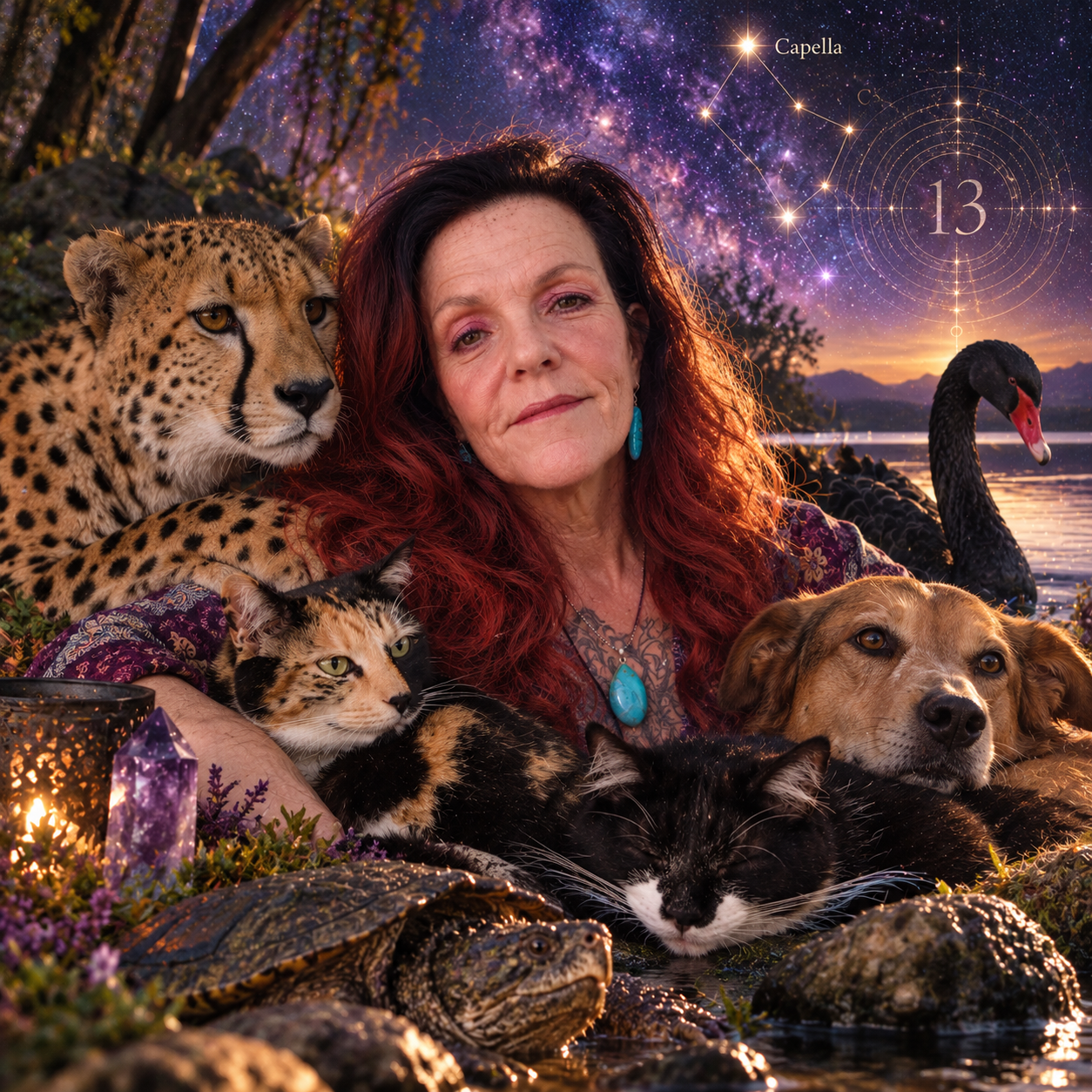 Cosmic portrait of Capella surrounded by a white horse, dog and cat beneath a purple galaxy